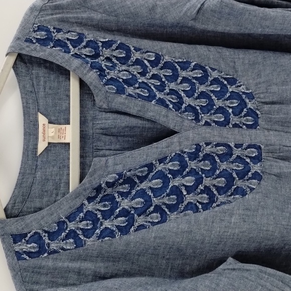 Sundance blue chambray pullover blouse size large textured front linen/cotton - Picture 2 of 7